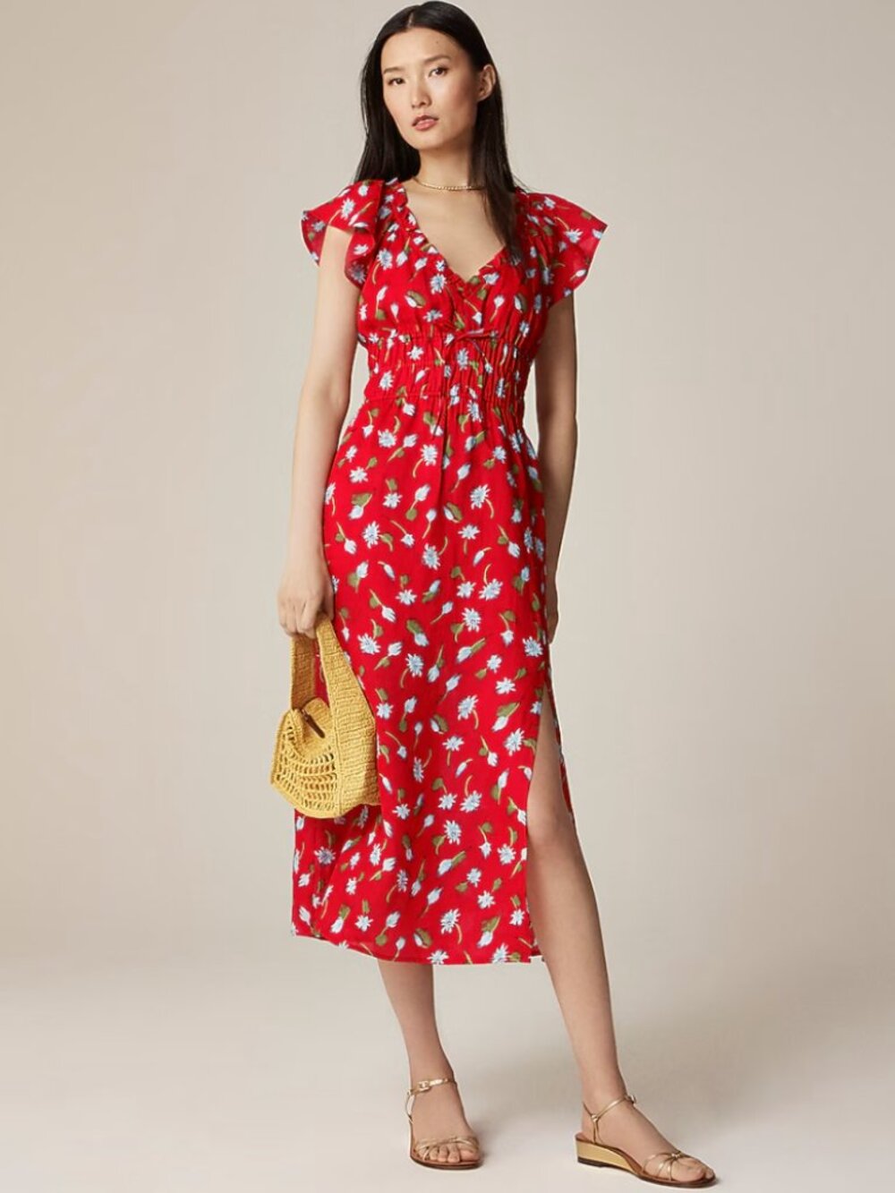 J. Crew Red Floral Smocked Midi Dress